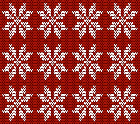 Seamless knitted pattern in nordic style - white snowflakes (flowers) on red backgroundのイラスト素材