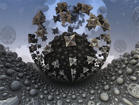 Abstract fantasy, sci-fi, fractal - surface of alien planet with strange orb with artefacts flying round itの写真素材