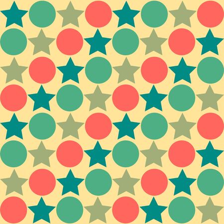 Retro seamless abstract pattern - star alternating circle in muted vintage colors of red, blue, green and tanのイラスト素材