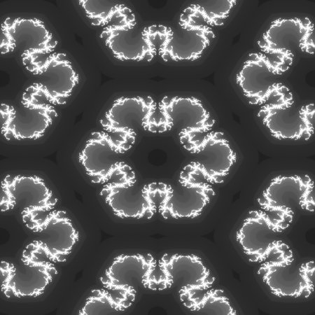 Seamless fractal with glowing white abstract element on black background