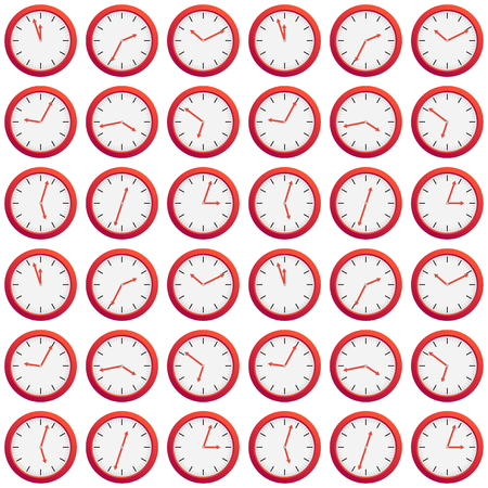 Seamless pattern made of red clock showing different time, isolated on white, interesting time textureのイラスト素材