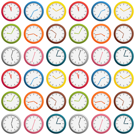 Seamless pattern made of colorful clock showing different time, isolated on white, interesting time textureのイラスト素材