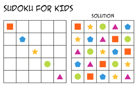 Sudoku for kids with solution, puzzle for children to complete each row or column with just one of each shapes, mental task, logical but easy challengeのイラスト素材