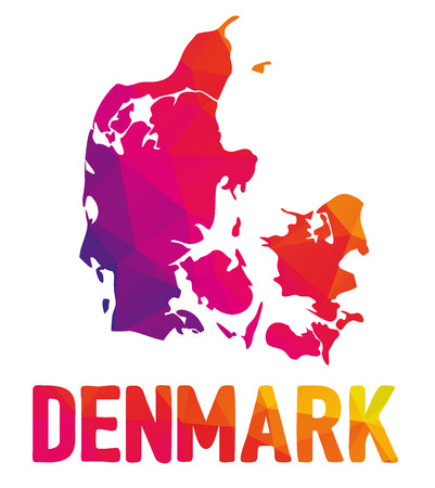 Low polygonal map of Kingdom of Denmark with sign Denmark, both in warm colors of red, purple, orange and yellow; Danmark, Scandinaviaのイラスト素材