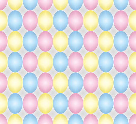 Seamless patter made of pastel colored oval abstract geometry shapes in blue, pink, yellow on light grey background, Easter egg imitation.のイラスト素材