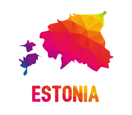 Low polygonal map of Republic of Estonia (Eesti Vabariik) with sign Estonia, both in warm colors of red, purple, orange and yellow; sovereign state in Eastern Europeのイラスト素材