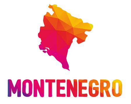 Low polygonal map of Montenegro (Montenegrin) with sign Montenegro, both in warm colors of red, purple, orange and yellow; sovereign state in Southeastern Europeのイラスト素材