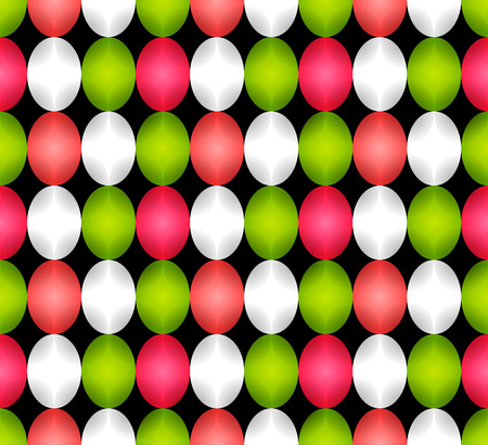 Seamless pattern made of oval abstract geometry shapes with inner starts in vivid shiny colors of shades of red, dark orange, pink, green, white or silver on black background, Easter egg imitationのイラスト素材