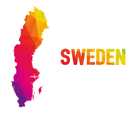 Low polygonal map of Kingdom of Sweden (Konungariket Sverige) with sign Sweden, both in warm colors of red, purple, orange and yellow; sovereign state in Scandinavia, Northern Europeのイラスト素材