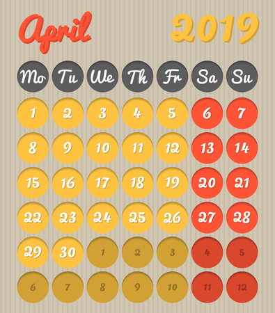 Modern month planning calendar in English for April 2019, cardboard style with vivid colors of yellow and red, weekend highlighted, Monday to Sunday  (all year avalaible in portfolio)のイラスト素材