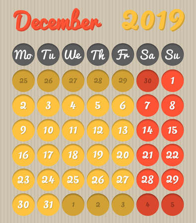 Modern month planning calendar in English for December 2019, cardboard style with vivid colors of yellow and red, weekend highlighted, Monday to Sunday  (all year avalaible in portfolio)のイラスト素材