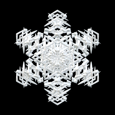 Illustration of white symmetrical 3D snowflake isolated on black, seasonal cut out decorationの写真素材