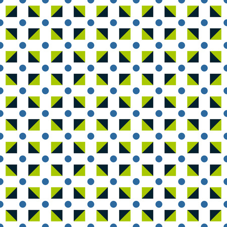 Seamless pattern made of polka dots in blue color; green and dark blue triangles in square shape on white backgroundのイラスト素材