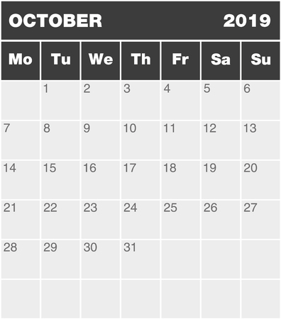 Classic month planning calendar in English for October 2019, Monday to Sunday (all year avalaible in portfolio), blank template, greyscaleのイラスト素材