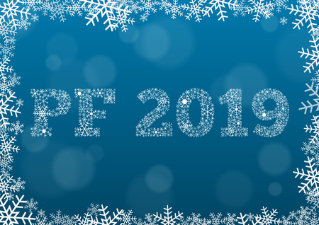PF (Pour Feliciter, Happy new year) 2019 - white text made of snowflakes on background with bokeh effect and frame made of snowflakesのイラスト素材