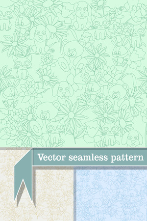 Monochrome cartoon seamless pattern with animals and flowers.のイラスト素材