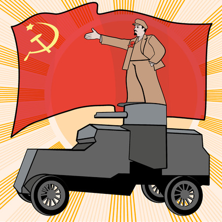 Lenin on the armored car on a background of the red flag. Poster, satire, vector illustration.のイラスト素材