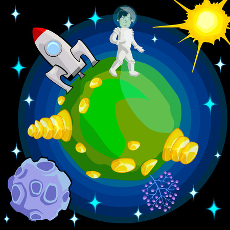 Astronaut landing on an unknown planet. Cartoon vector illustration.のイラスト素材