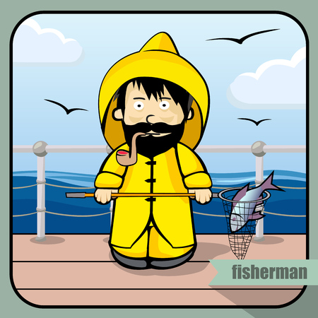 Vector person character portrait. Fisherman portrait isolated on sea background. Cartoon style. Human profession icon.のイラスト素材