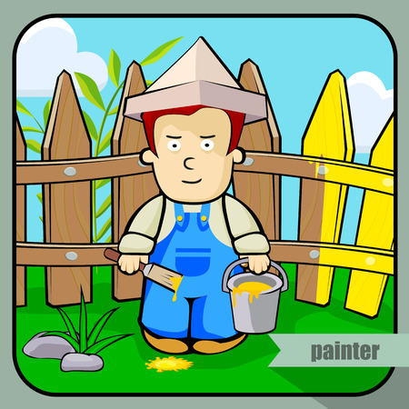 Vector person character portrait. Painter portrait isolated on unpainted fence background. Cartoon style. Human profession icon.のイラスト素材