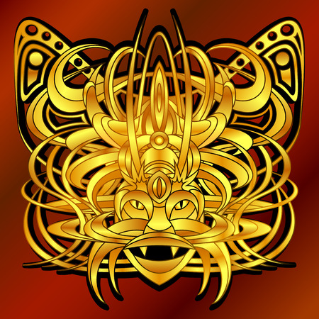Patterned fantastic creature, deity, demon or an animal resembling a tiger, with a headdress in the form of a butterfly. African, indian, tattoo design. Isolated composition.のイラスト素材