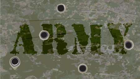 Army navy grunge background. Rusty iron pierced by bullets. Ratio 16:9.のイラスト素材