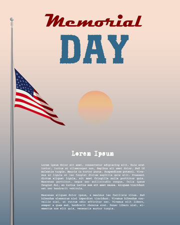 Memorial Day card. Flag USA at half-mast against the backdrop of the dawn sky and place for your text. Color vector illustration.のイラスト素材