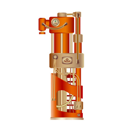 Arabic numeral 1, made in the form of a mechanism with moving and stationary parts on a steam, hydraulic or pneumatic draft. Isolated freely editable objects on a white background.のイラスト素材