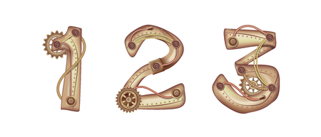 Arabic numeral 1 2 3 in the form of a steampunk mechanism. Copper and brass with tubes, gears and rivets. Freely editable isolated on white background.のイラスト素材