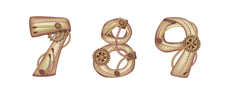 Arabic numeral 7 8 9 in the form of a steampunk mechanism. Copper and brass with tubes, gears and rivets. Freely editable isolated on white background.のイラスト素材
