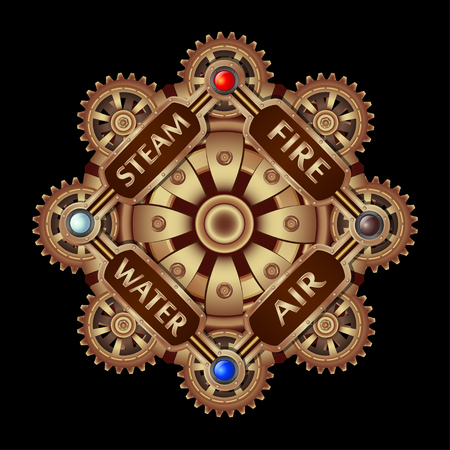 Composition in stipmank style round with brass gears on a black background.のイラスト素材