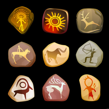 Rock Painting set. Primitive art. Vector interpretation of real-life drawings of ancient people.のイラスト素材