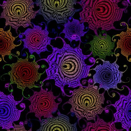 Memphis seamless pattern in the style of 80s. Bright color elements on a dark background.のイラスト素材