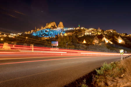 Night view of the Uchisar town with traffic light trails. The cave city in Cappadocia. Turkey The perfect place to watch hot air balloonsのeditorial素材