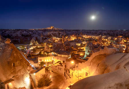 Beautiful view Goreme, Cappadocia, Turkey at night. Famous center of balloon fligths.のeditorial素材
