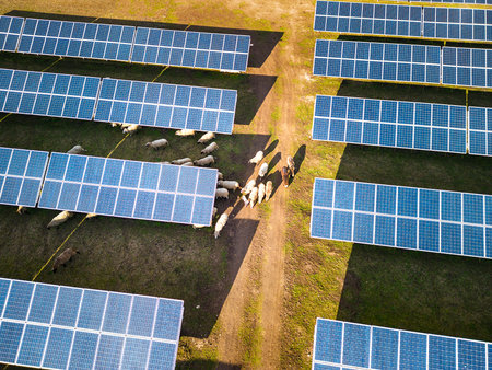 Solar panel produces green, environmentaly friendly energy from the setting sun. Aerial view from...