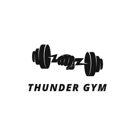 Gym vector logo design template with hand holding barbell in thunder shape, design for fitness centerのイラスト素材