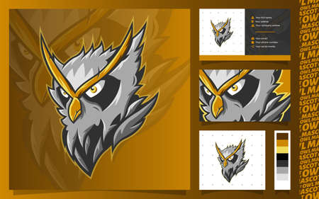 Owl Head Mascot, emblem logo template with business card, sticker and seamless pattern elements isolated on gradient backgroundのイラスト素材