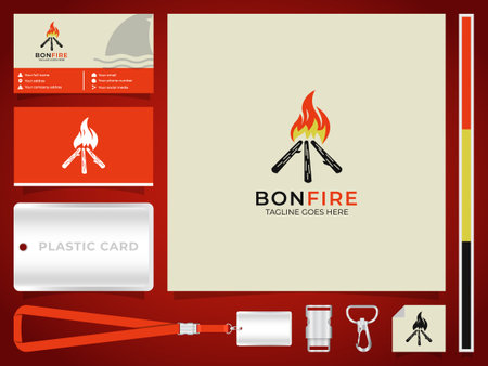 Creative illustration wood and flame, bonfire for camping logo design with corporate identity template set design. blank template editable vector. company business stationery brandのイラスト素材