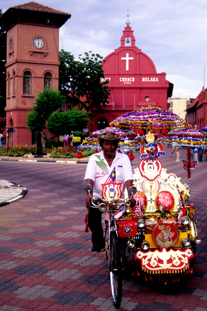 Trishaw ride in Malacca, Malaysia.のeditorial素材