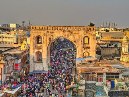 Hyderabad India - March 10, 2021: Street market near Charminar tower. Best destination in IncredibIe India.のeditorial素材