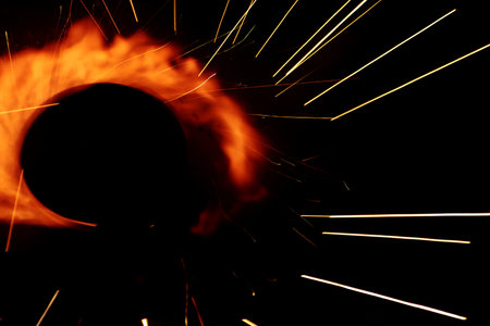 sparks from welding robots movement in the factory, closeupの写真素材