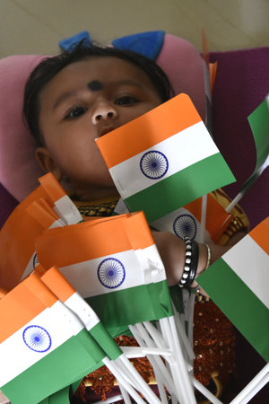 Indian girl with flags of India on her face, sitting in a chairの写真素材