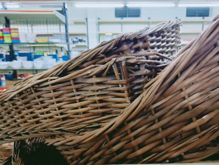 Wicker basket in the supermarket. Basket in the store.の写真素材