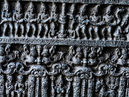 Close up of the ancient bas-reliefs on the walls.の写真素材