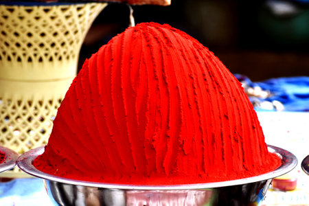 Colorful Traditional spices in India, closeup of red color.の写真素材