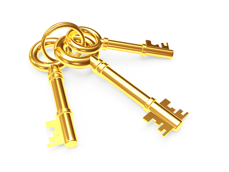 Bunch of three old golden keys isolated on white backgroundの写真素材