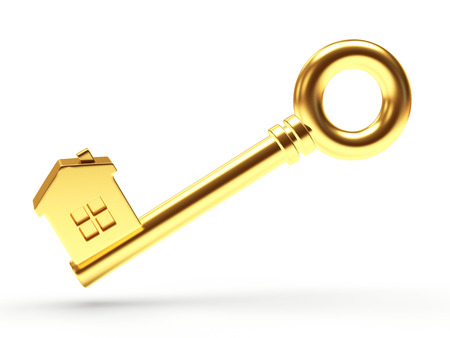 Mortgage concept. Golden house shape key isolated on white backgroundの写真素材