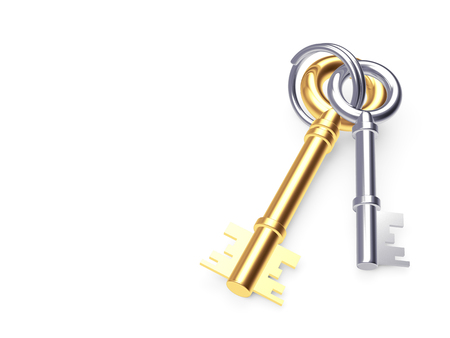Bunch of old golden and silver keys on keyring isolated on white backgroundの写真素材