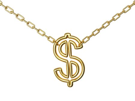 Golden dollar sign on a chain isolated on white backgroundの写真素材